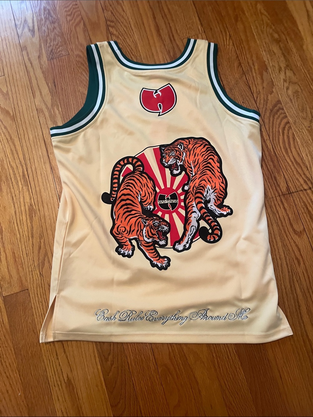 Graphic Tiger Basketball Jersey in Cream with Green Trim